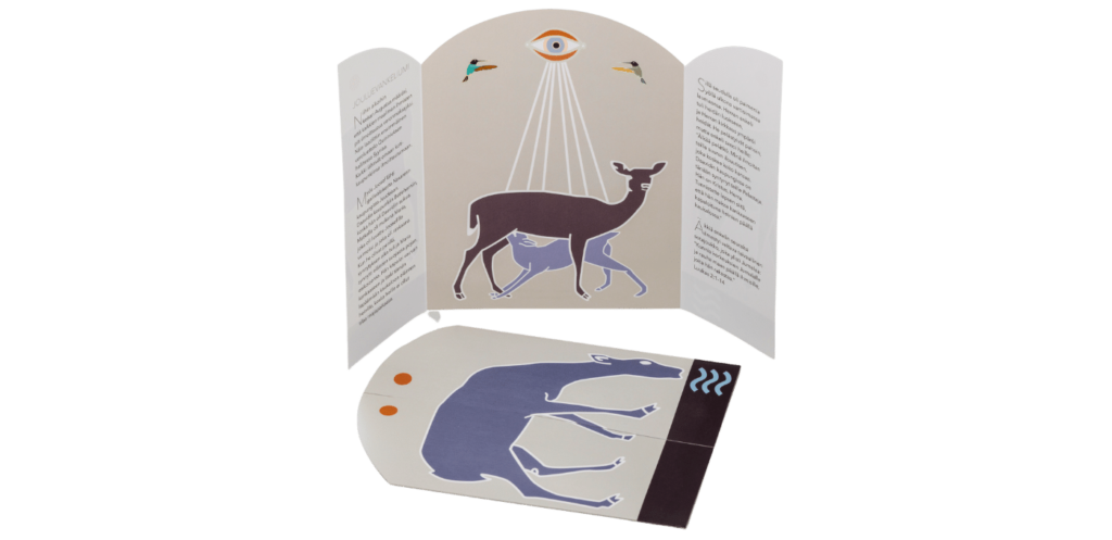 joulukortti jouluevankeliumin tekstillä, kuvituksena peura