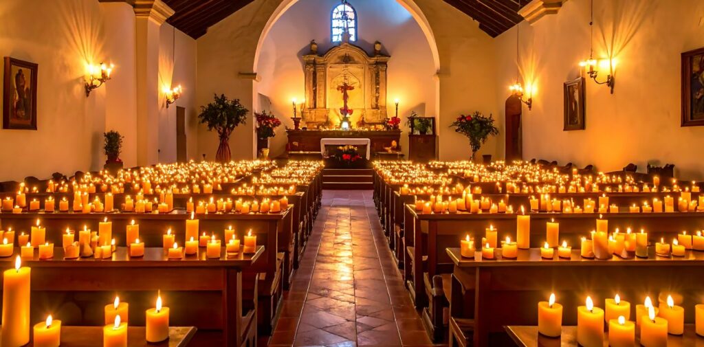 alttari täynnä kynttilöitä