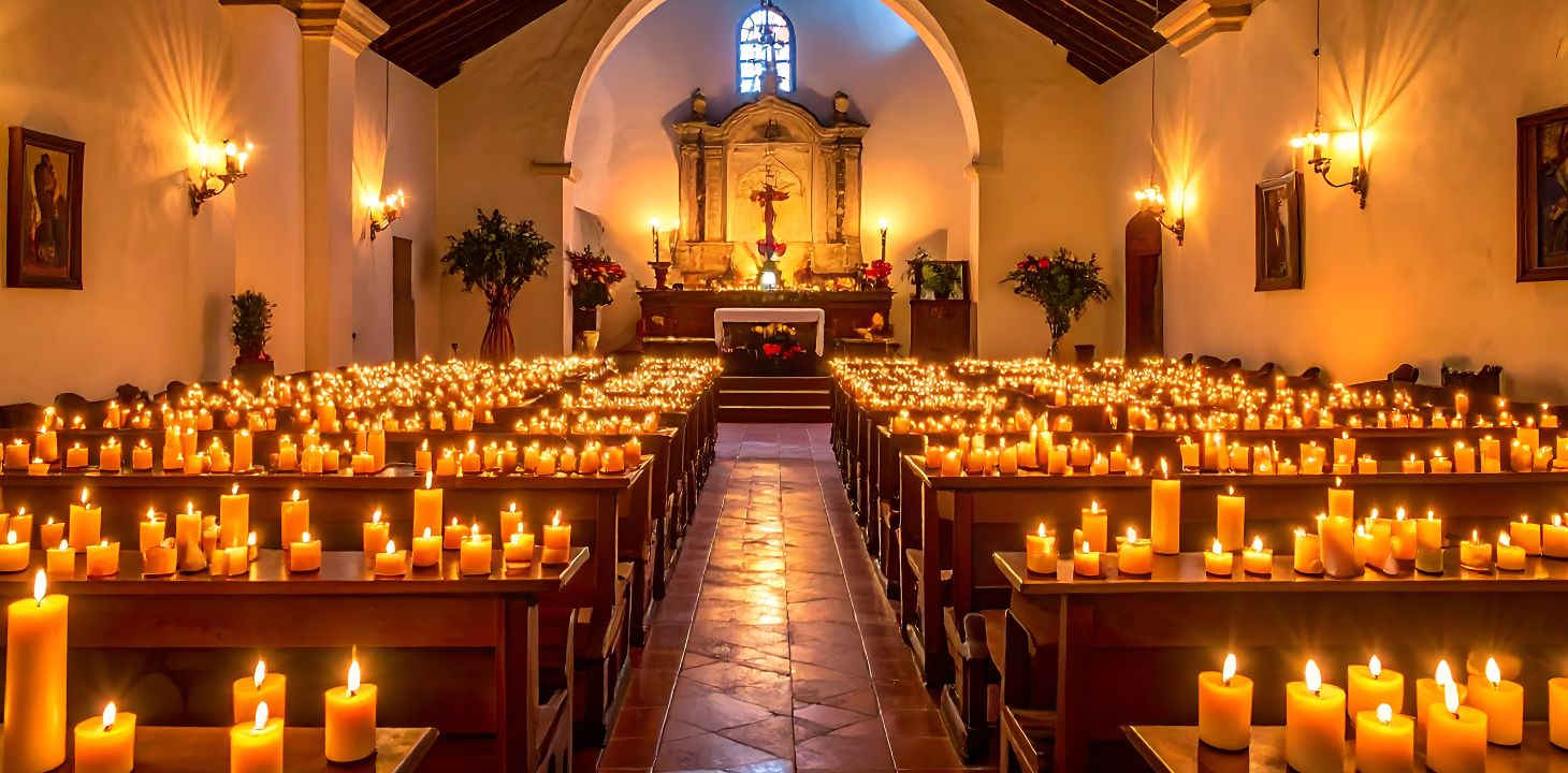 alttari täynnä kynttilöitä