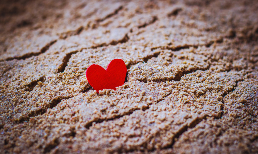 Halkeilleessa maaperässä pilkistää pieni punainen sydän.