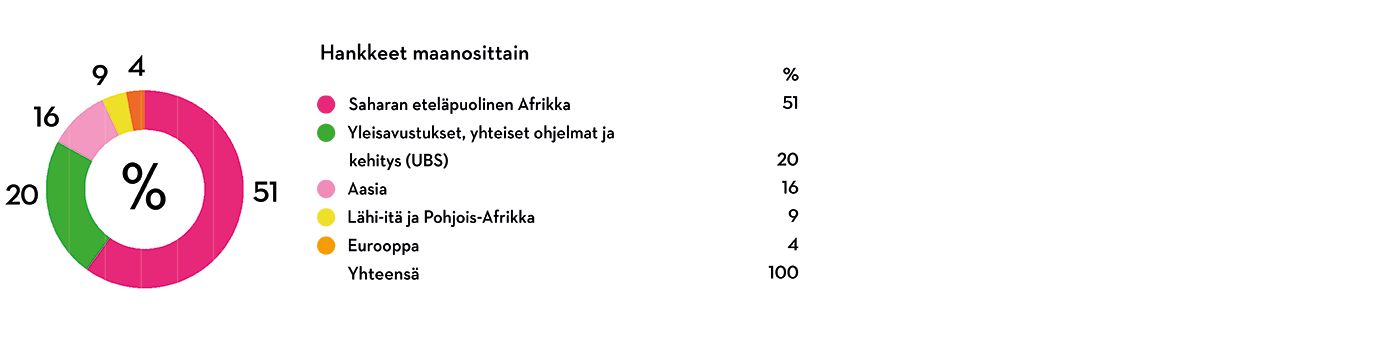 Graafi, joka kuvaa Piplian kansainvälisen työn hankkeiden jakautumista maanosittain