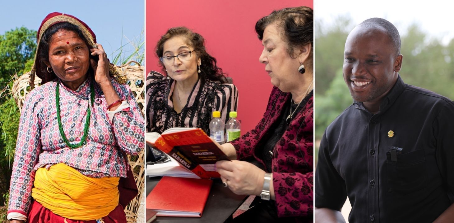 kolme kuvaa: Nepalista nainen, kaksi romaninaista ja mies Angolasta